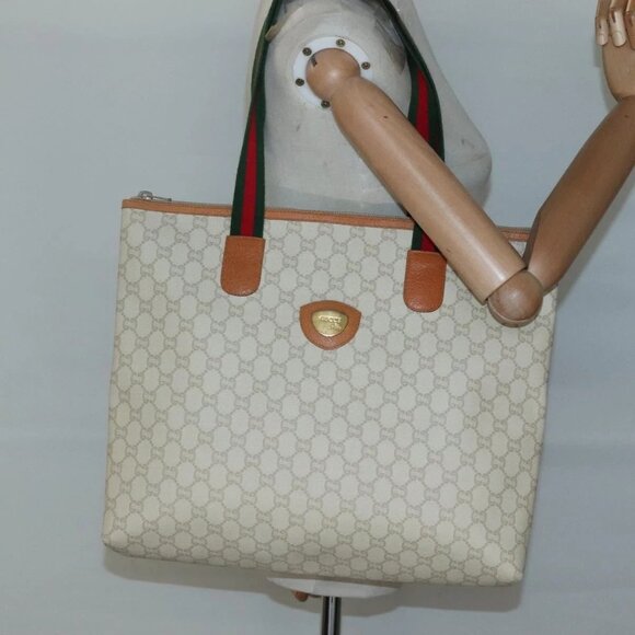 GUCCI GUCCI Plus Supreme Web Sherry Line Tote Bag PVC Cream Gold Auth gh487 - Picture 13 of 15